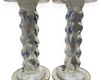 A Pair of Modern Stacked Ripple Glass and Marble Candleholders