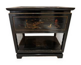 Vintage Chinoiserie Black Lacquered Two-Drawer Side Table