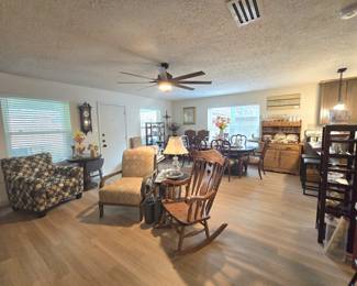 wood rocker, occasional chairs & tables, variety of lamps, pendulum wall clock and wall art