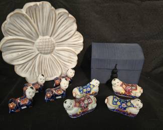 Vintage chopstick/utensil ceramic rests with tasseled box, flower vase