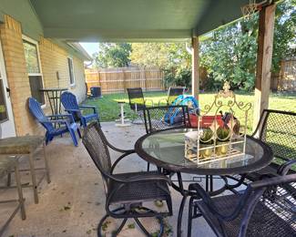 glass-topped patio table with 4 chairs plus several other chair options, wagon, bike trailer, and more! 