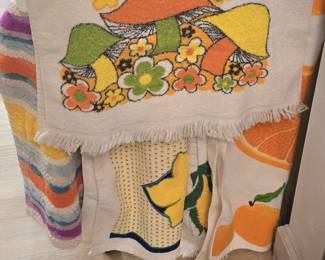 1970s textiles ... vintage dish towels in all the colors of the 70s ... Merry Mushrooms was a popular pattern!  