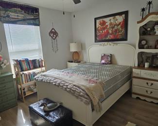 Queen bedroom set with headboard, footboard and siderails, nightstand, and dresser, also a 2-drawer dresser with bookshelf