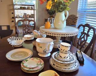 oversized cake display stand, several dish patterns like Franciscan Desert Rose, Franciscan earthenware Hacienda yellow gold plates, American Atelier Serengeti porcelain, Elegant Rose by Corelle