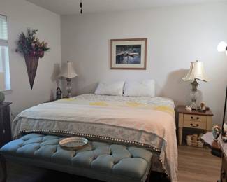 King mattress, box spring, and metal bed frame.  Beautiful, tufted bench. Pair of nightstands and crystal lamps.