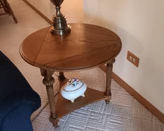 Solid oak lamp table folds down to triangle top, available for pre-sale $55