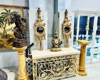 Marble Top Console and Pedestals, Ornate Mirror Decor and Antique Mantel Clock Orlando Estate Auction