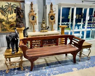 Teak Bench, Mirrored Decor, Leather Elephant and Marble top Tables Orlando Estate Auction