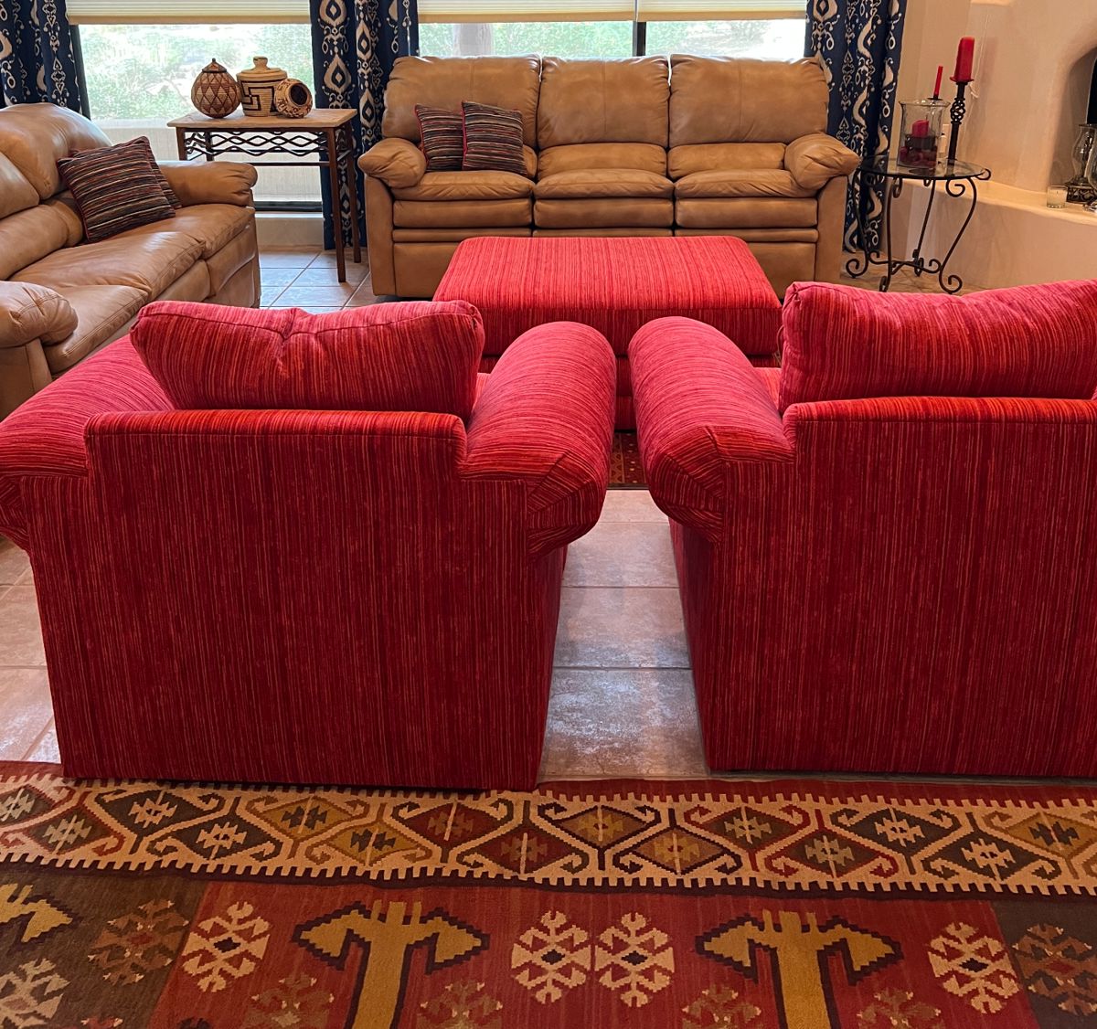 Leather Electric Reclining Sofa and Loveseat. Beautiful caramel color! Pair of oversized Arm Chairs w Shared Ottoman