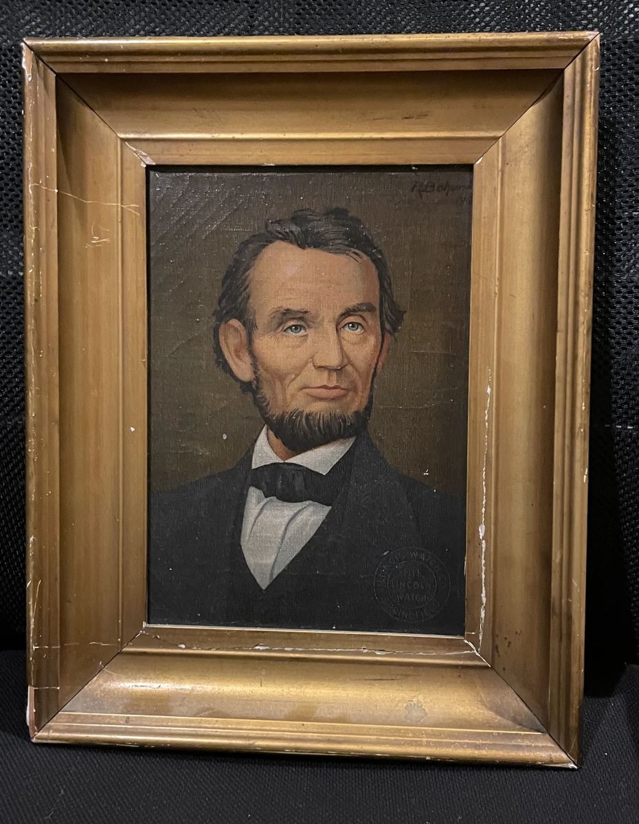 Abraham Lincoln Oil on Canvas portrait. Advertisement for Illinois Watch Company.