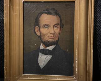 Abraham Lincoln Oil on Canvas portrait. Advertisement for Illinois Watch Company.