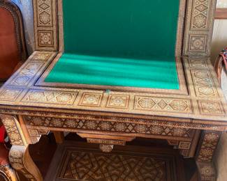 antique Syrian game table with intricate geometric parquetry and mother-of-pearl inlay