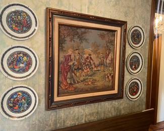 French hunting scene framed tapestry