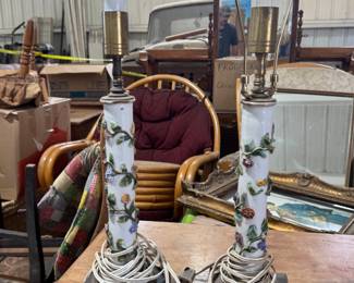 Italian Lamps (Set of 2), Porcelain and metal with appliqué floral, 17" h x 5" sq. base