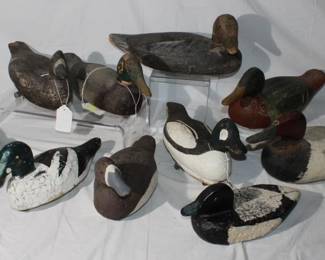 Group of 10 Antique, Carved Duck Decoys; various carvers, etc longest 17"