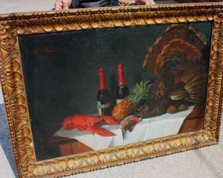 1906 Turkey & Lobster Oil on Canvas Signed R. Liegen 
41" x 56"
2 minor repairs