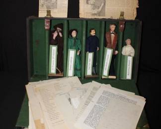 11pc Handmade Dolls in this carrying case are part of a collection of dolls used to help teach the principles of democracy in the 1950's & 1960's.  A group of women formed the Fellowship House in Kansas City, MO and part of the "mission" was to teach "