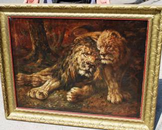Lion & Lioness Oil on Canvas Signed Beaumont 1918         
38" x 48"