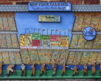HARRY GLAUBACH (1925-2017) New York Yankees Stadium Textured Wooden Art Mural by Harry Glaubach One of a Kind Carved & Painted  2002 38" X 72" wide done in non-fade Paint   FOLK ART WOOD PLAQUE