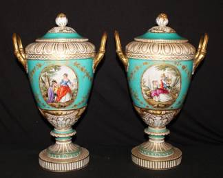 Pair of KPM Berlin style Weimar Lidded Vases ca 1880's, 13" tall (1 has a loose base), w/nice fish scale and swan design with 4 lovers portraits