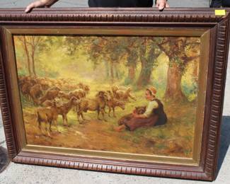 Lady w/ Sheep Oil on Canvas Signed by A. Deyrull Frame 43.5" x 57"