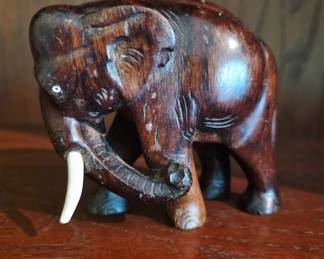 Wooden Elephant Figurine With Ivory Tusk