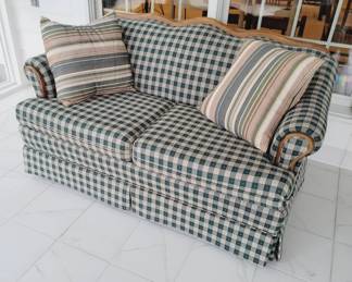 Plaid Upholstered Sofa with Wood Trim
