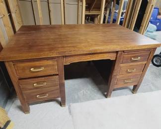 Wooden Desk With Brass Pulls, Circa 1950s