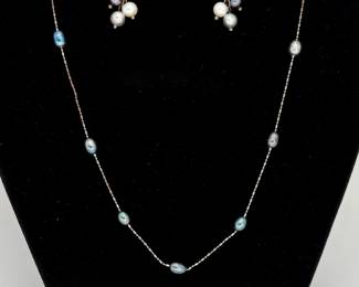 Oval Silver Freshwater Pearl Necklace and Earrings