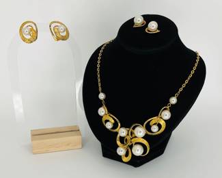 Gold Tone Over Silver Faux Pearl Fashion Necklace and Earring Set