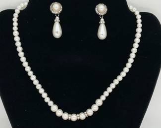 Vintage Faux Pearl and Rhinestone Necklace and Earring Set