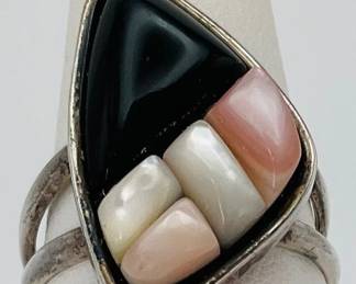 Art Deco Style Black Onyx and Rose Quartz Ring