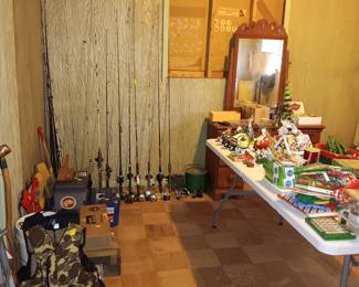 fishing gear, Christmas items and 1 antique dresser