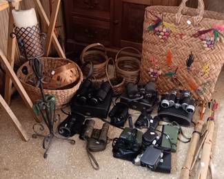 binoculars , range finders, baskets, antique furniture