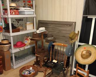 shelving, vintage hats, vintage tables, new bed frame