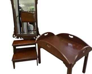 Vintage HenkelHarris Mahogany Wood Chippendale Style Mirror And Table With Bed Steps