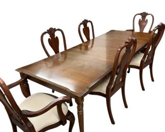 Traditional Style Wood Table and Six Ethan Allen Upholstered Chairs with Brown Table Mats