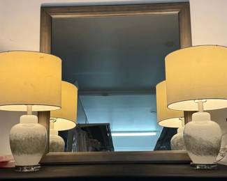 Gray Washed 35 X 38 Mirror With Two Murano Style Glass Urn Shaped Lamps