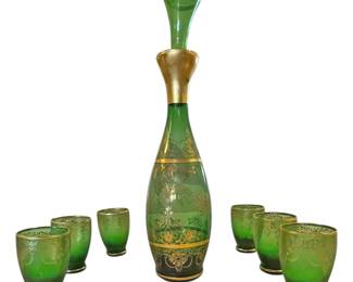Vintage Venetian Green Glass Decanter Set 