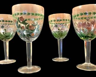 4 Hand Painted Floral Design Wine Glasses 