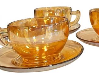 Jeannette Glass Marigold Teacups Saucers 