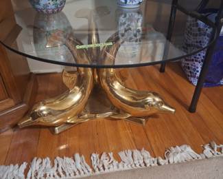 * Stunning Glass Top Coffee Table (with 3 Brass Dolphins Base).