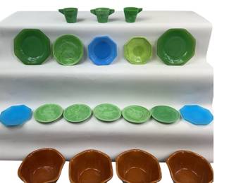 Art Deco Jade Ware Tea Cups Octagon Plates + Blue & Ice Cream Cups