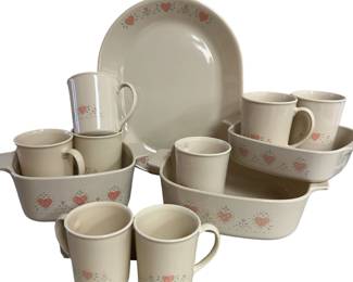 Vintage Corning Ware Forever Yours Casserole Baking Pans 8 Mugs Platter Pink Hearts