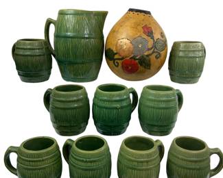 Antique McCoy Prohibition Barrel Pitcher & Mugs Green + Decor Gourd