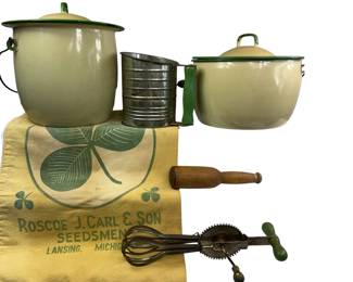 Tan Green Enamelware Covered Pots Bale Handles Mixer Flour Sifter Seed Bag