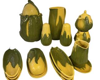 Shawnee Corn King Canister Cookie Jar Pitcher S/P Mini Tea Corn Husk Plates Medium Green