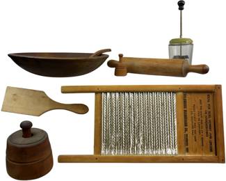Primitive Dough Bowl Carved Wood Rolling Pin Cookie Presses Washboard Chopper