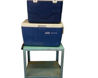 Metal Rolling Cart + 2 COLEMAN Coolers Garage Storage Beer