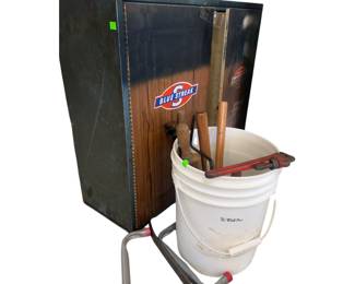 Vintage Auto Parts Wall Cabinet Blue Streak Ignition + Bucket of Tools Ridgid